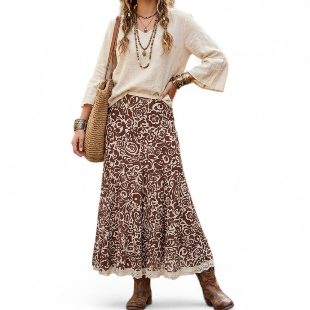 Nicole by Nicole Miller 90s Vintage Floral Psychedelic Lace Trim Midi Skirt